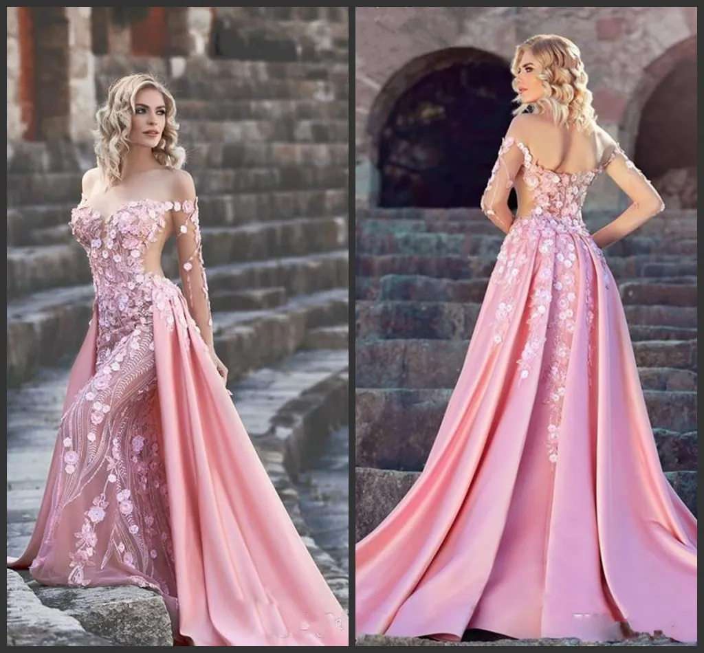 2019 Nowe Seksowne Różowe Suknie Wieczorowe z odpinanym pociągiem Off Ramię Długie Rękawy Mermaid Prom Dresses Vintage Appliqued Okresy Gowns