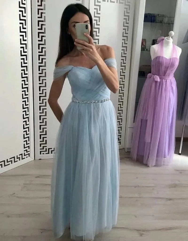 Lichte hemel blauwe prom dresses off schouder vloer lengte plooien sjerp een lijn lange formele avond feestjurken speciale gelegenheid jurk plus size