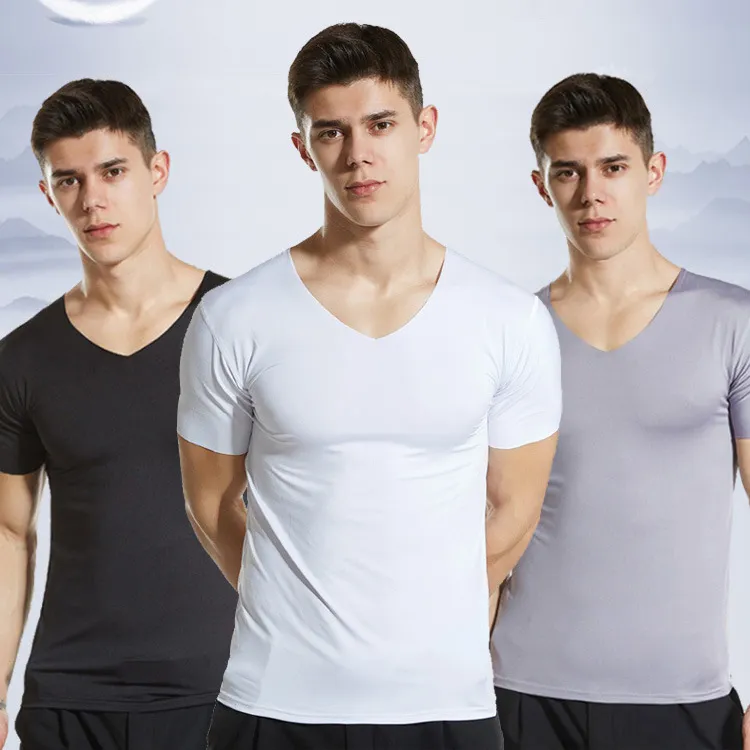 Zijdeachtige zeegachtige naadloze korte mouw v-neck t-shirts mode blanke tees zomer snel droge man mannelijke onderhemden eenvoudige snijbasis t-shirts groothandel