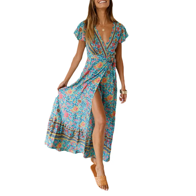 chinese dress ladies Shop Green Bird Print Volume Sleeves Shirt Maxi Dress - for Women | OUTZIDR