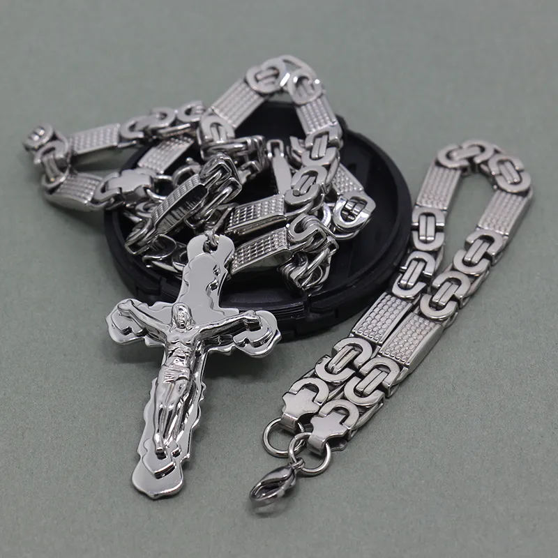 8mm Flat Byzantine Chain Stainless Steel Necklace For Men's Jesus Cross Pendant jewelry