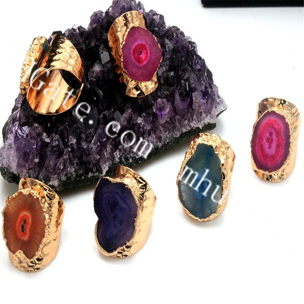 10 Stücke Vergoldet Freeform Sun Flower Quarz Stein Ringe Schmuck Solar Blume Cut Kristall Druzy Achat Edelstein Einstellbare Fingerring Unisex