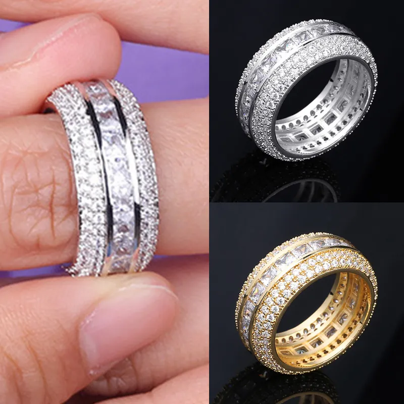 Nytt mode 18k guld vit guld blingbling cz cubic zirconia fullt uppsättning fingerband ring lyx hip hop diamant smycken ring för män kvinnor