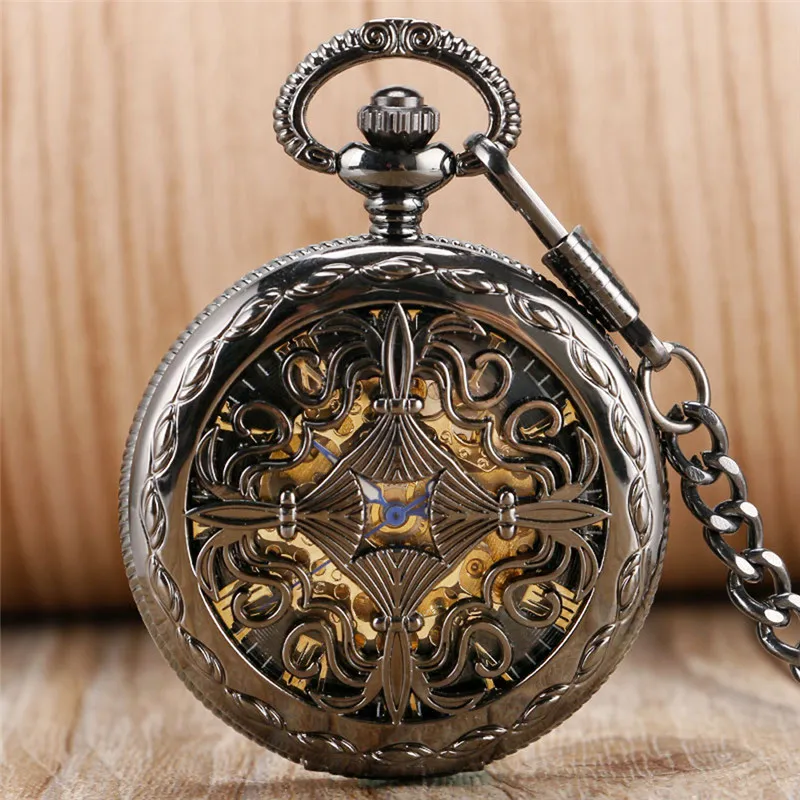 Zegarek kieszonkowy w stylu vintage moda czarny pusty kwiat kratki etui mężczyźni kobiety automatyczne mechaniczne zegarki ze szkieletem łańcuszek z wisiorem prezent