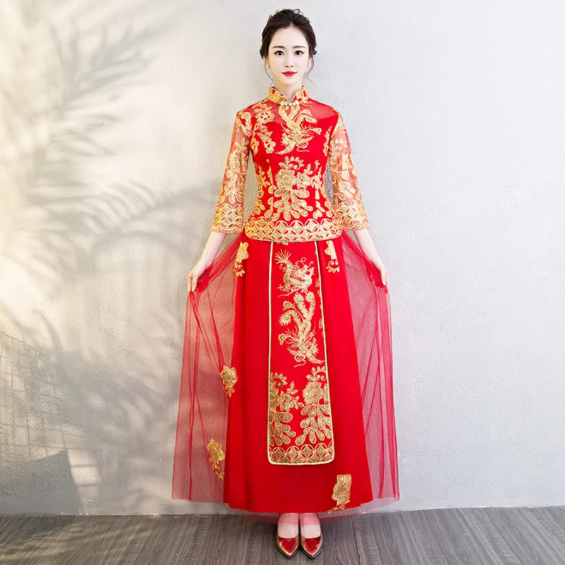Vestido de novia rojo bordado tradicional chino dragón Fénix Vestido de boda Cheongsam Oriental Vestido de noche Vestido China Qipao
