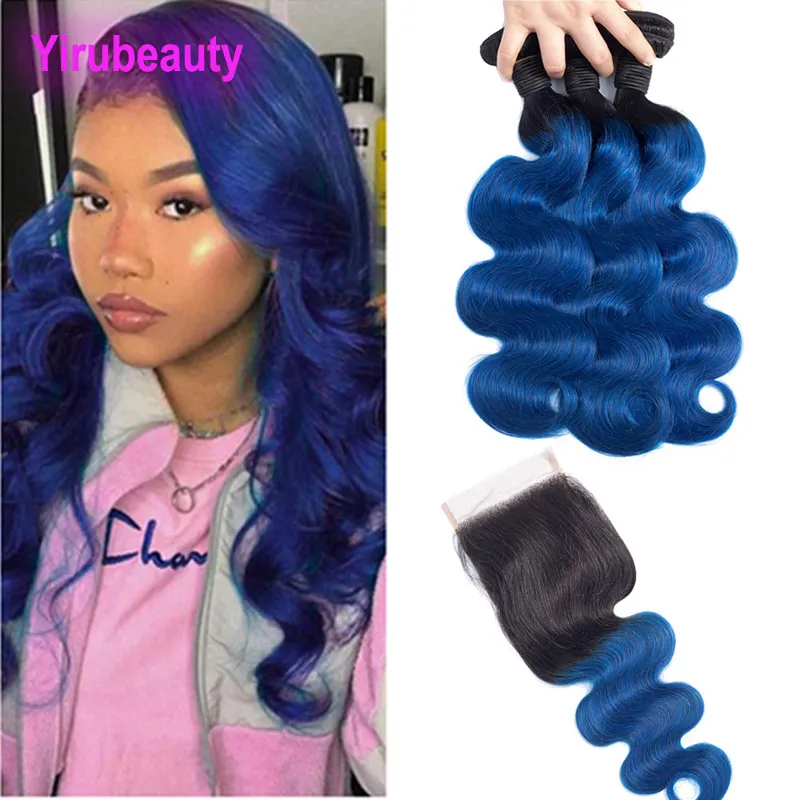 Cheveux vierges indiens 1B bleu Ombre faisceaux de vague de corps de cheveux humains avec 4X4 fermeture de dentelle milieu trois extensions de cheveux de partie libre 10-28"