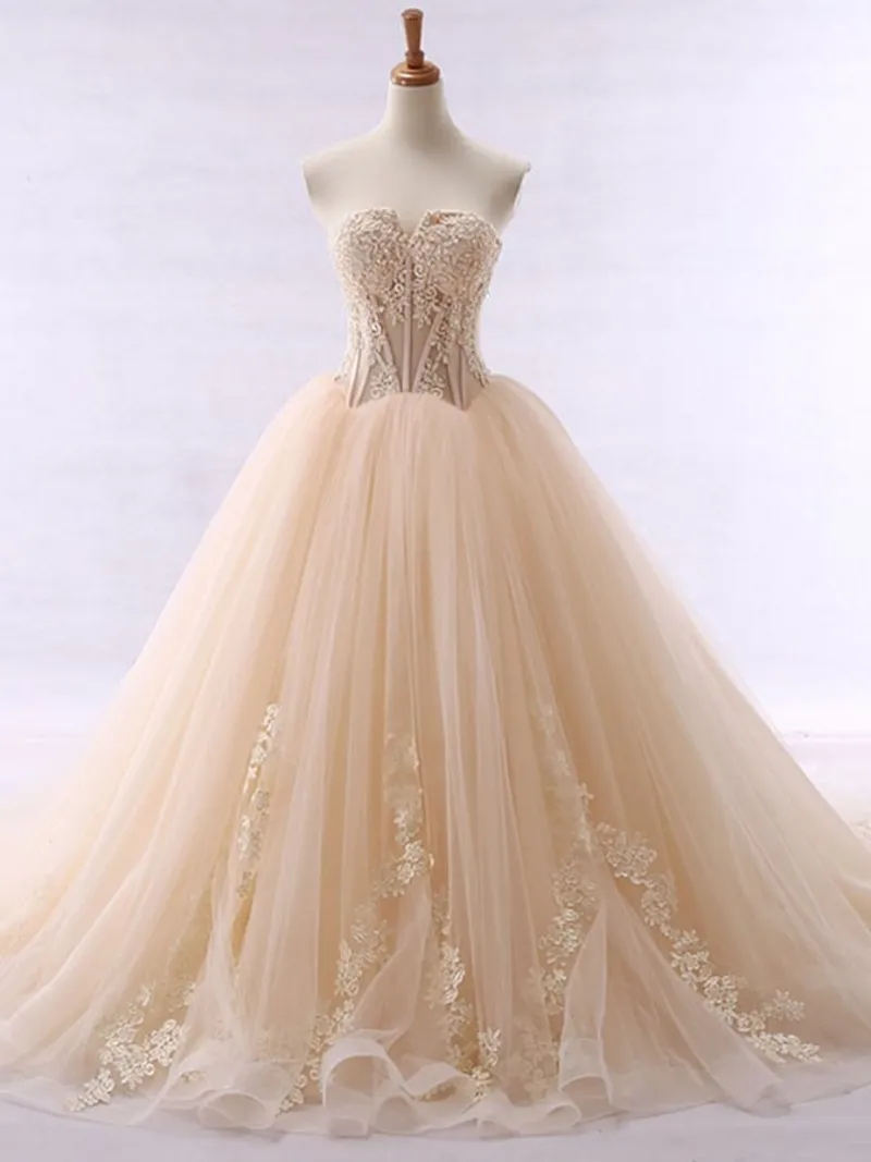 Champagne Strapless Appliques Ball Gown Wedding Dress Backless