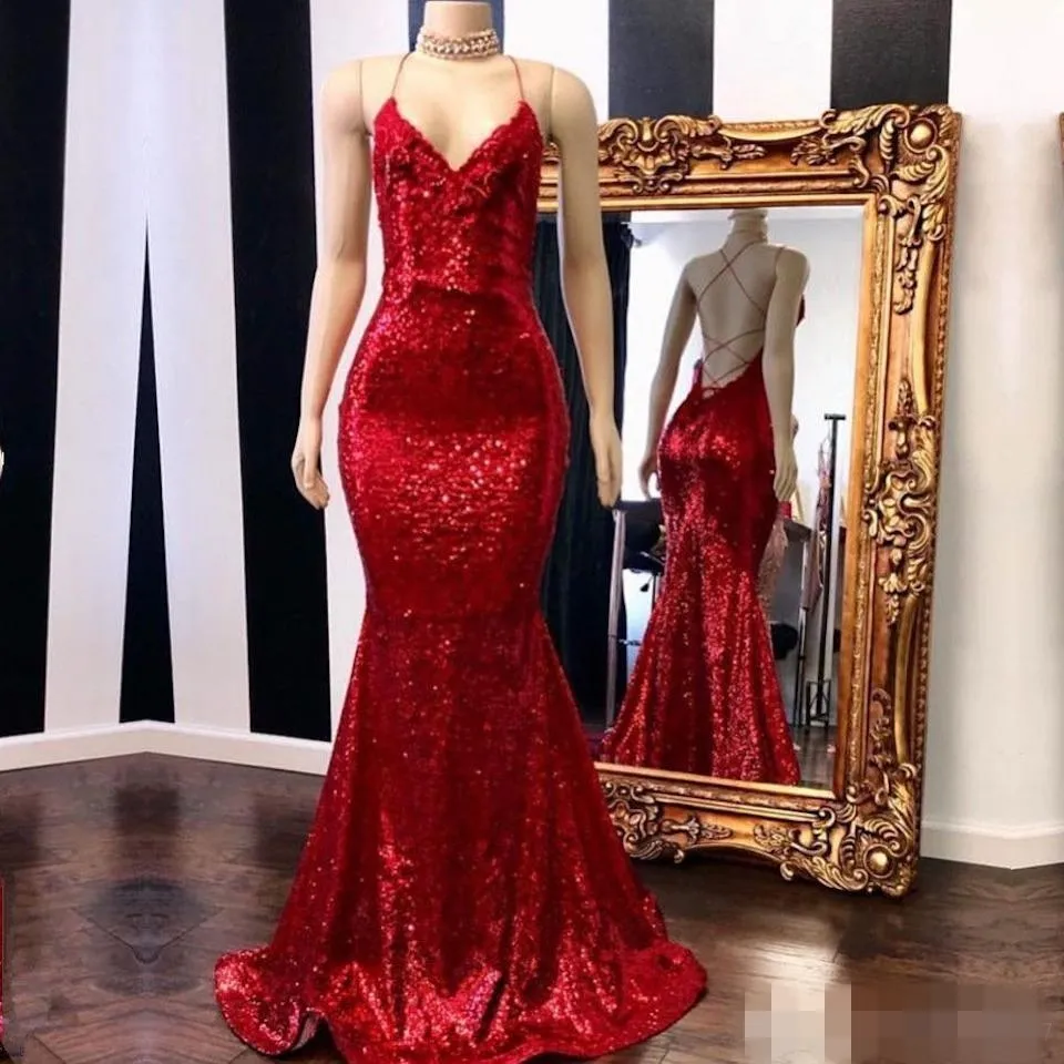 Bling Red Pailletten Meerjungfrau Abendkleider Spaghettiträger Sexy Rückenfrei 2019 Maßgeschneiderte Plus Size Lange Abschlussball-Cocktailparty-Kleider