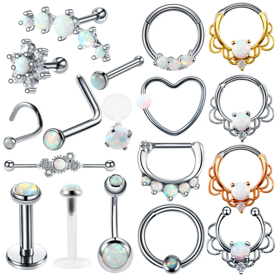 Steel Opal Stone Septum Ring Nose Piercings Jewelry Opal Ball Closure Nipple Lip Tragus Eyebrow Piercing Earring Rings Body