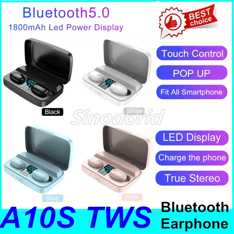 50pcs A10S macaron tws bluetooth headset earbuds led display Game Automatic Pairing In-Ear Headset with Charge Case