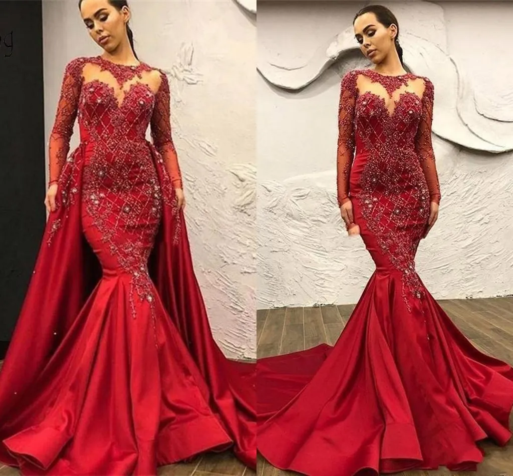 Overskirts sereid vestidos de baile com trem destacável laço vermelho applique frisado dubai árabe cristais de noite vestidos de manga longa celebridade caseent vestido al 4716