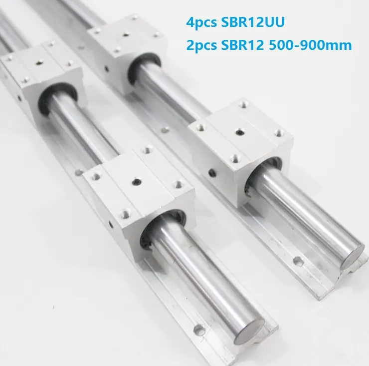 2 pcs SBR12 500mm / 600mm / 700mm / 800mm / 900mm trilho de suporte guia linear trilho + 4 pcs SBR12UU lineares rolamentos de rolamento para peças de roteador CNC