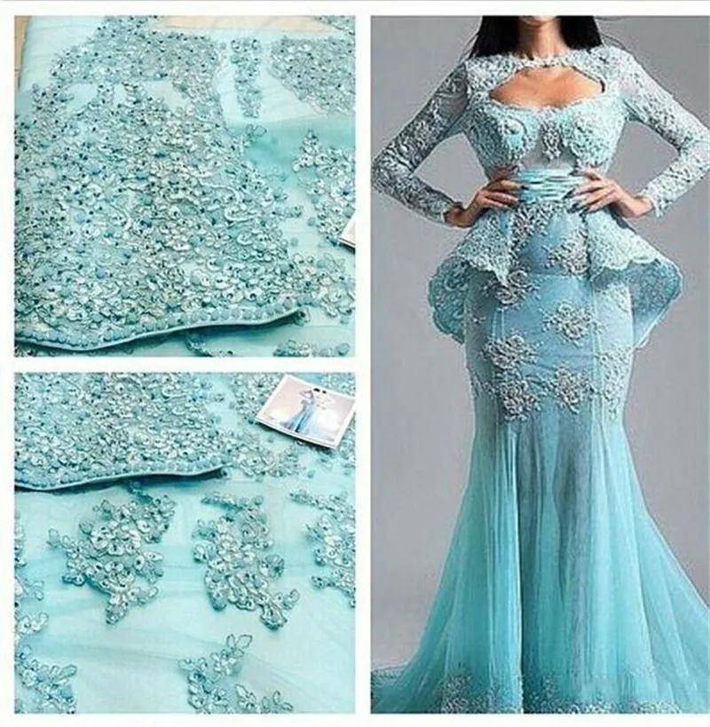 2019 Party Aftonklänningar Vackra blå dekaler Beaded Lace Långärmad Sexig sjöjungfrun Klänning Ballgown Bälte Runda Krage Kvinna 600