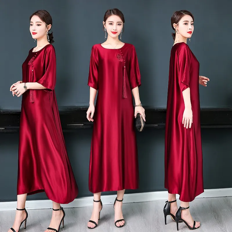 sommar vintage elegant lång lös klänning kinesisk stil tang kostym silke blend kappa mordern kvinnor avslappnad klänningar