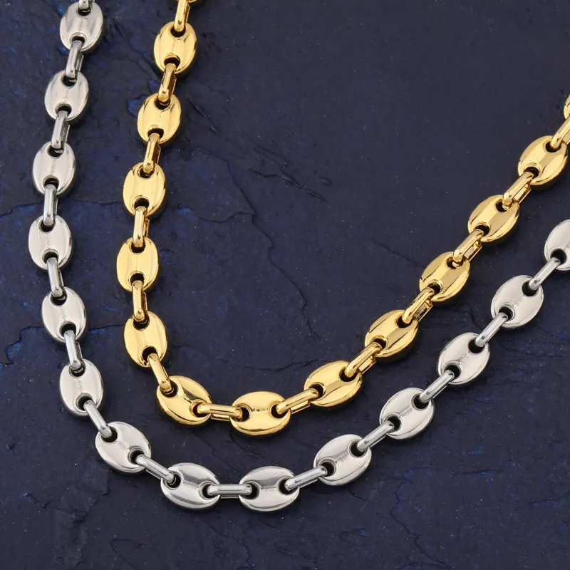 Nieuwe Mode Heren Vergulde Titanium Rvs Hip Hop Koffiebonen Varken Neus Cubaanse Link Chain Choker Ketting Sieraden Rappe193l