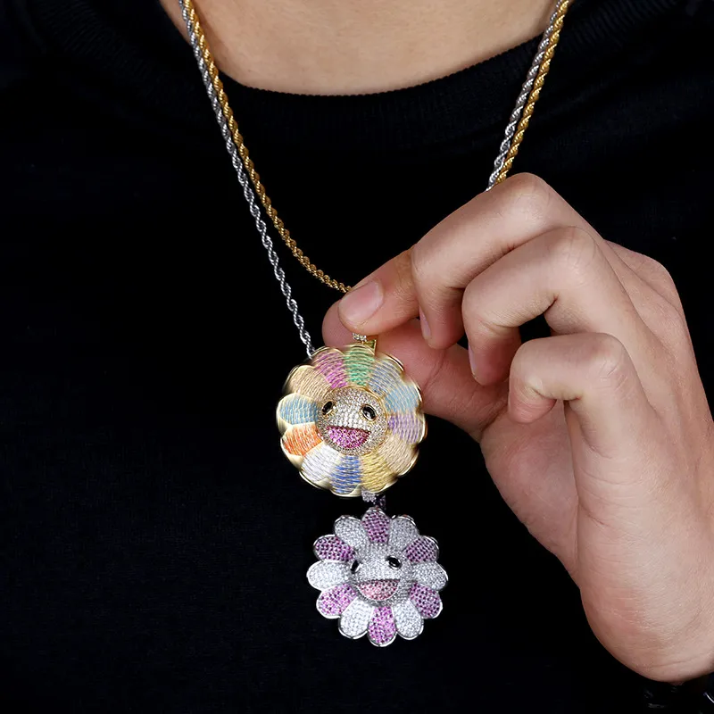 Мода-позолоченный красочные вращающиеся подсолнечник кулон ожерелье твист цепи хип-хоп CZ цирконий ювелирные изделия подарки для женщин мужчин оптом