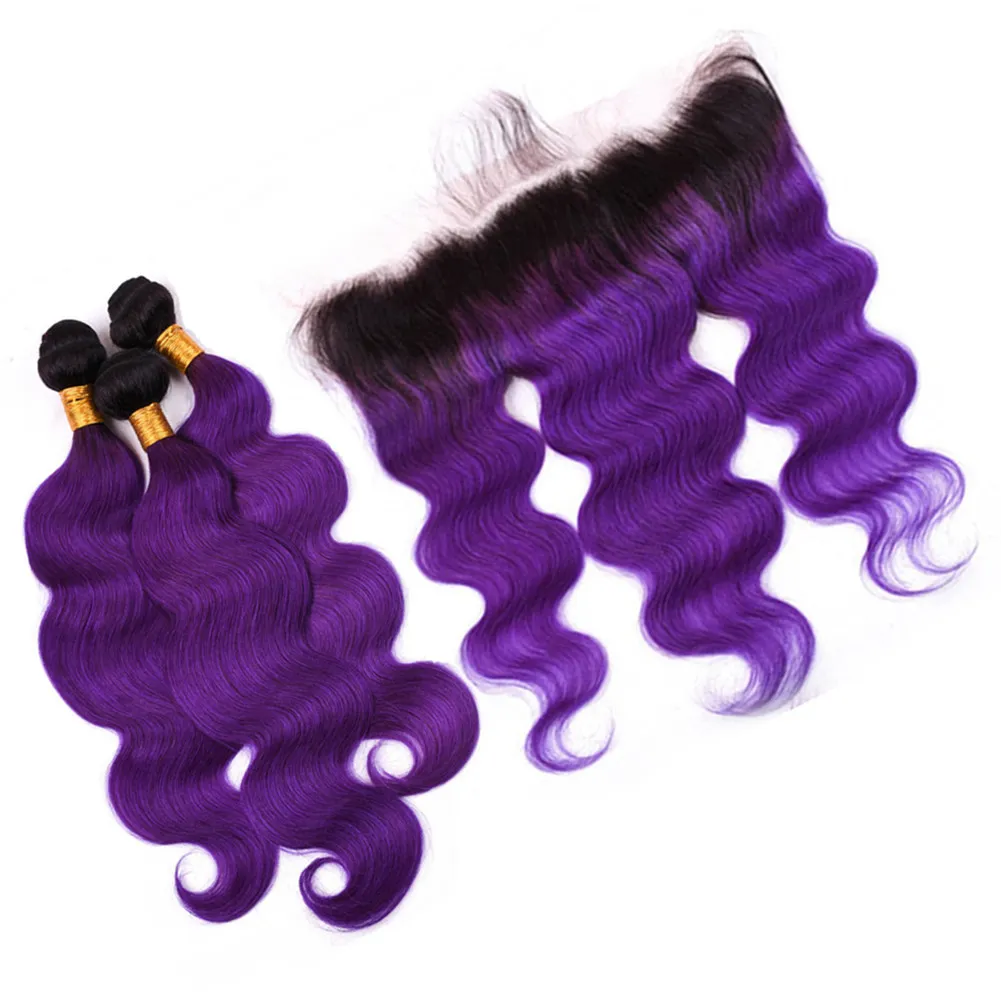 #1B/Purple Ombre Peruvian Human Hair Weaves with Frontal Body Wave Ombre Purple Human Hair 3Bundles with 13x4 Lace Frontal Closure 4Pcs Lot