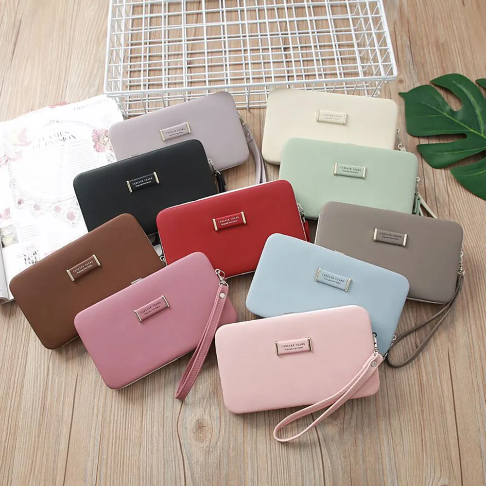 Women Plain Multifunctional PU Leather Pouches Wristlets Long Clutches