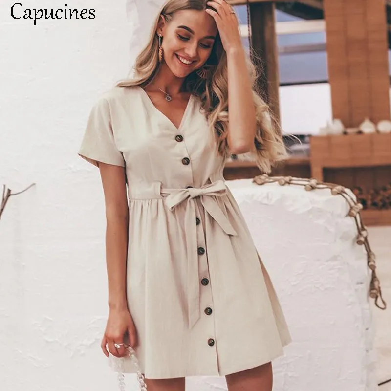 Casual katoen linnen knop zomer jurk vrouwen vintage v-hals korte mouw boog riem korte shirt jurken vrouwelijke vestidos