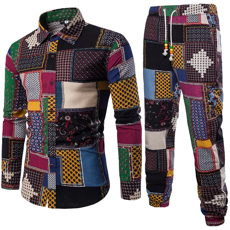 Męskie dresy Boutique Bawełniane i lniane modne nadruki Casual Koszula z długimi rękawami Spodnie Zestaw garniturów męskich