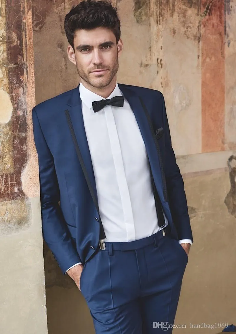 スリムフィットブルー新郎Tuxedos Notch Lapel Man Work Suit Prom Blazerメンズビジネススーツ（ジャケット+パンツ+ネクタイ）H：960