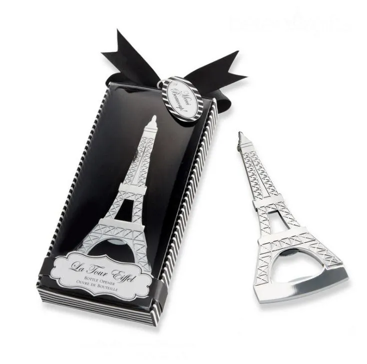 Romantiska bröllopsouvenirer Paris Eiffel Tower Bottle Opener Novelty Wedding Party Favor Gifts med Retail Package Box Sn3017