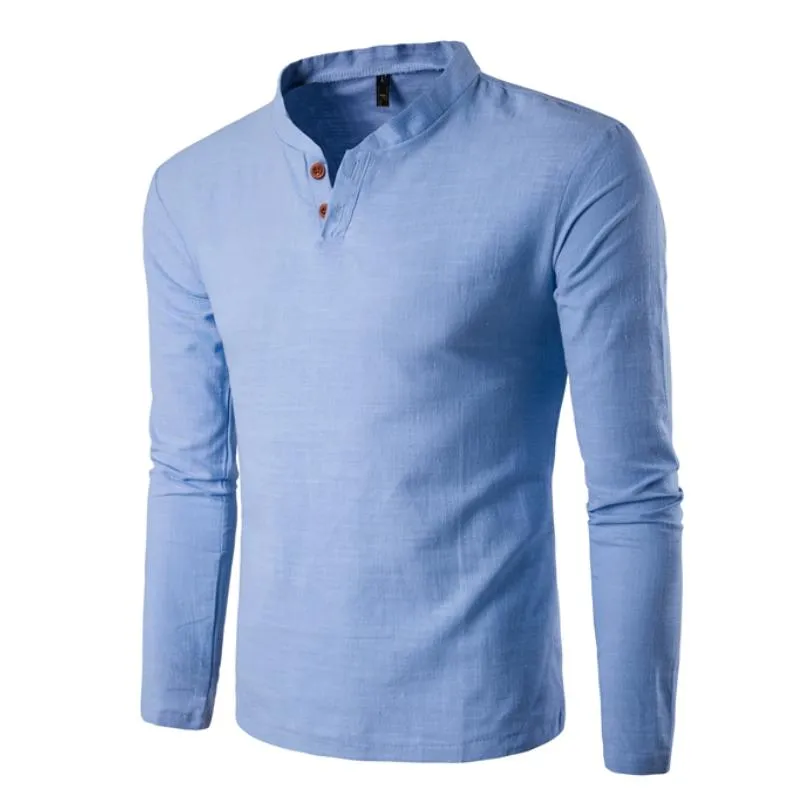 T-shirt con bottoni da uomo Camicie a maniche lunghe slim fit T-shirt tinta unita T-shirt in lino Camicetta top casual