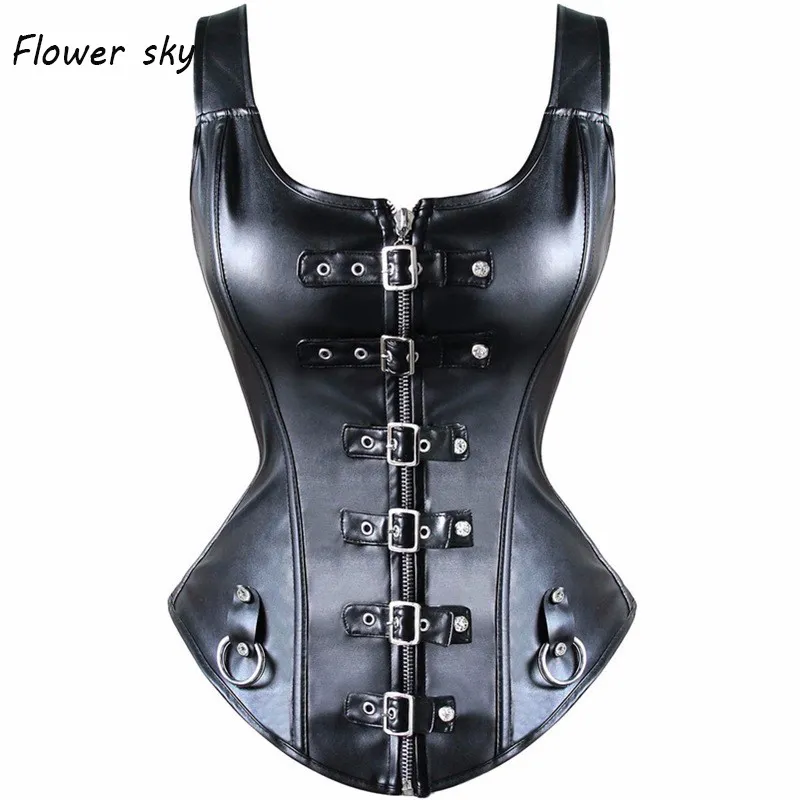 Sexy Black Faux Harny Harnais cuir Boucle en revêtement de dessus de la gilet Corset de laçage serré Top Basque Steampunk Corselet C0268 Plus Taille 6XL J190701