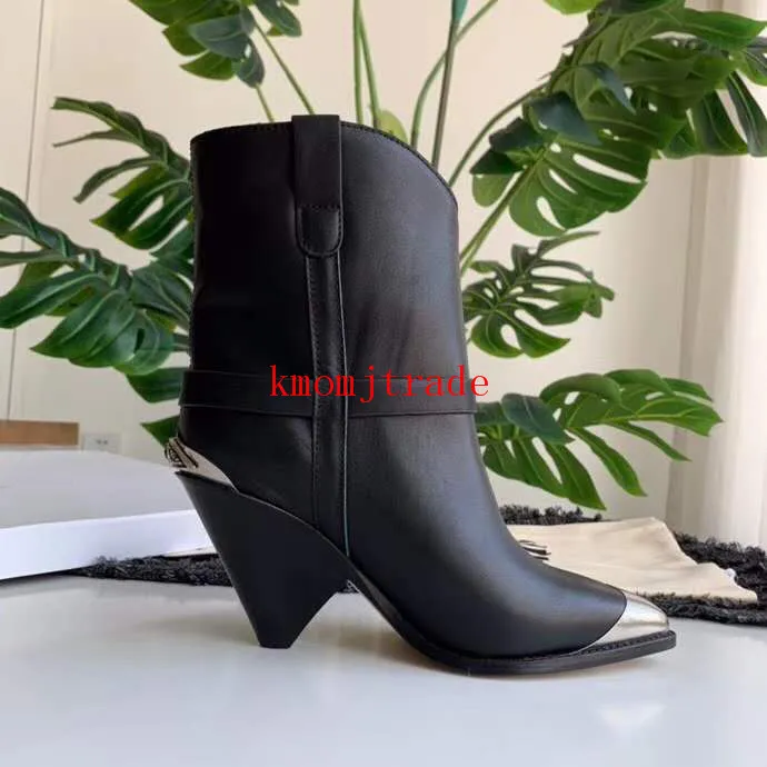 Original Box Paris Runway Isabel Genuine Leather Marant Women Black Lamsy Boots Runway Show Steeltoe Metal Ornament Catwalk Strap7503557