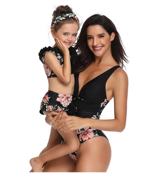 2019 new family matching bikini swimming kids floral printed falbala split swimsuits mommy and me swimwear Bows one piece beachwear Y1067