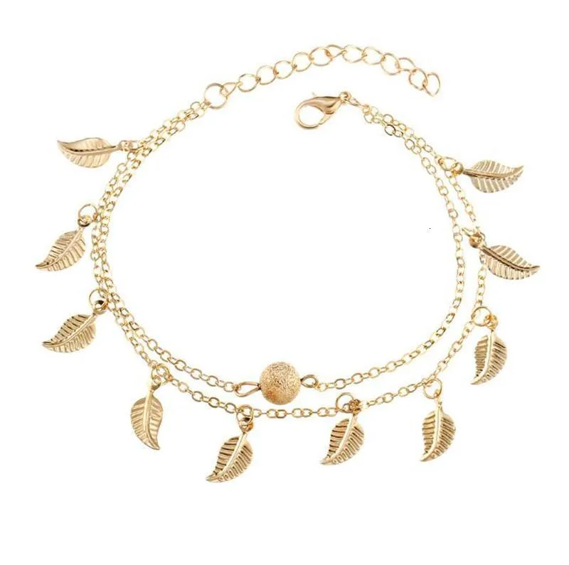 Women Gold Leaf Charm Anklets Real Photos Gold Chain Ankle Bracelet Fashion 18k Gold Ankle Bracelets Foot Jewelry GB1485