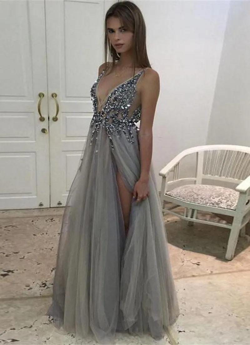 Split Evening Dresses Plunging Neckline Crystal Prom Gowns Custom made Tulle Evening Party Dress Real Pictures Backless Party Gowns H189