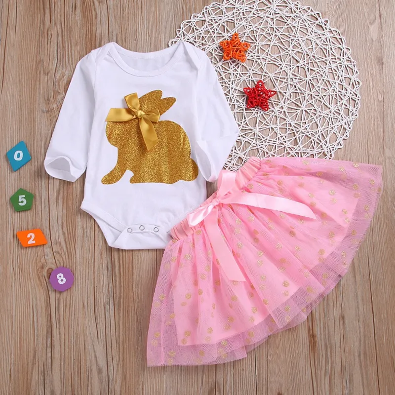 Baby Girls Clothes Sets Golden Rabbit Girl Romper Dot Skirts 2PCS Set Easter Bunny Princess Rompers Kids Outfits Kids Clothing DHW1986