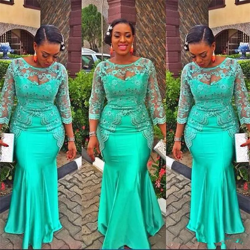 Aso Ebi Gröna Långärmade Aftonklänningar Sheer Neck Lace Appliques Pärlor Mermaid Prom Dress African Plus Size Party Dress Formal Vestidos W2