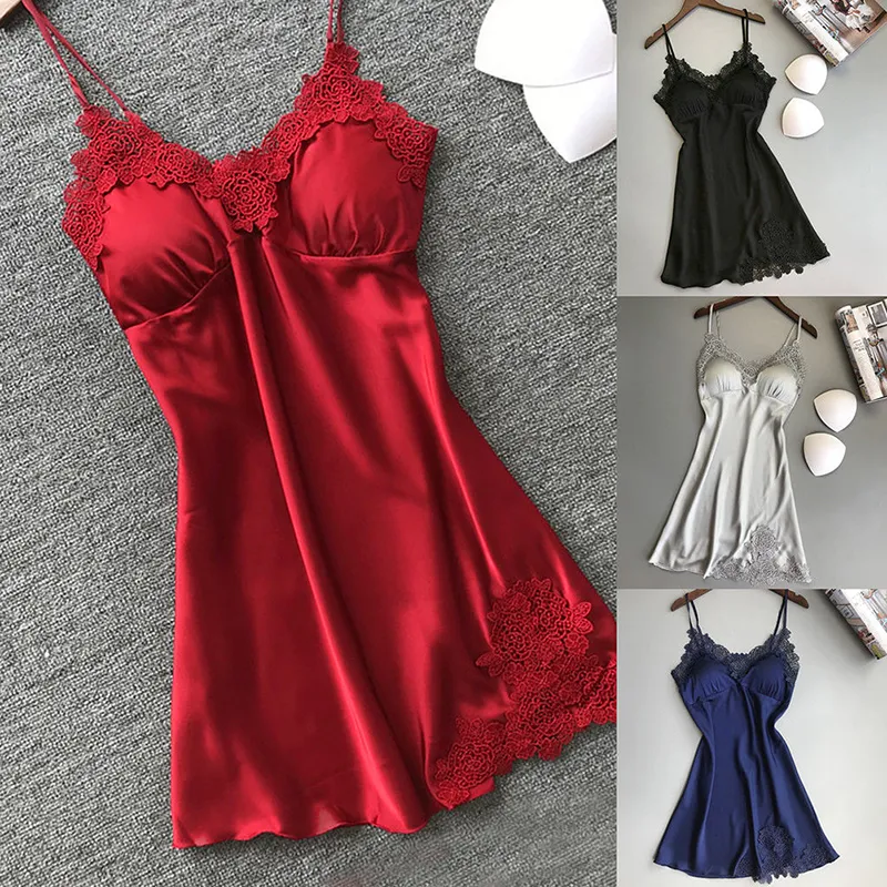 Kvinnor Nattklänningar Sexig Nightwear Lace Patchwork 2019 Underkläder Nighty Wedding Silk Dress Sleep Wear Nightdress Kläder