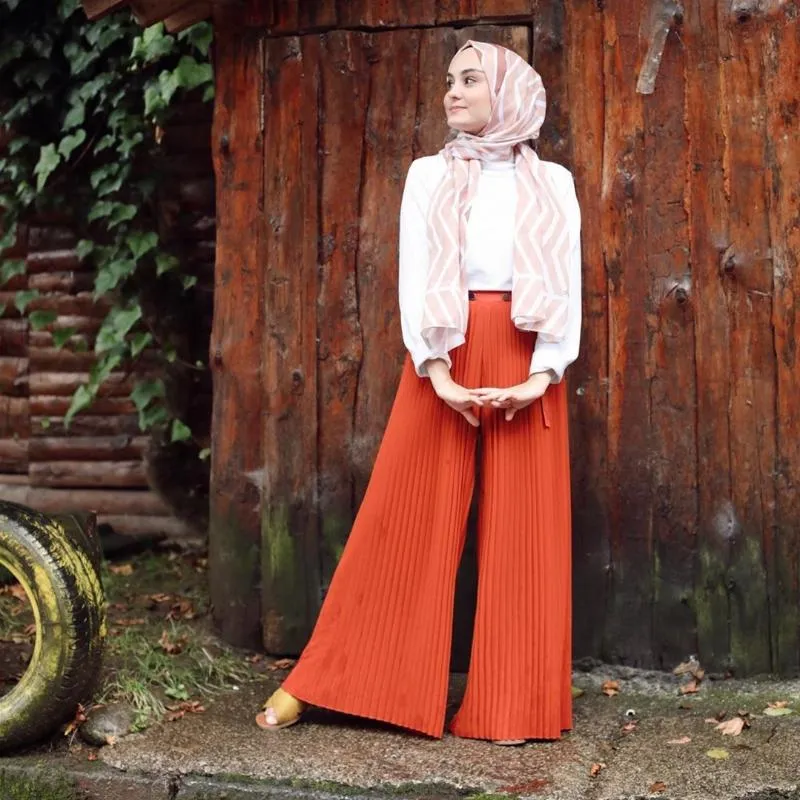 Wepbel Pleated Wide Ben Byxor Kvinnor Trousers Arab Girl's Muslim Fashion High Waist Byxor Sommar Islamisk Kläder