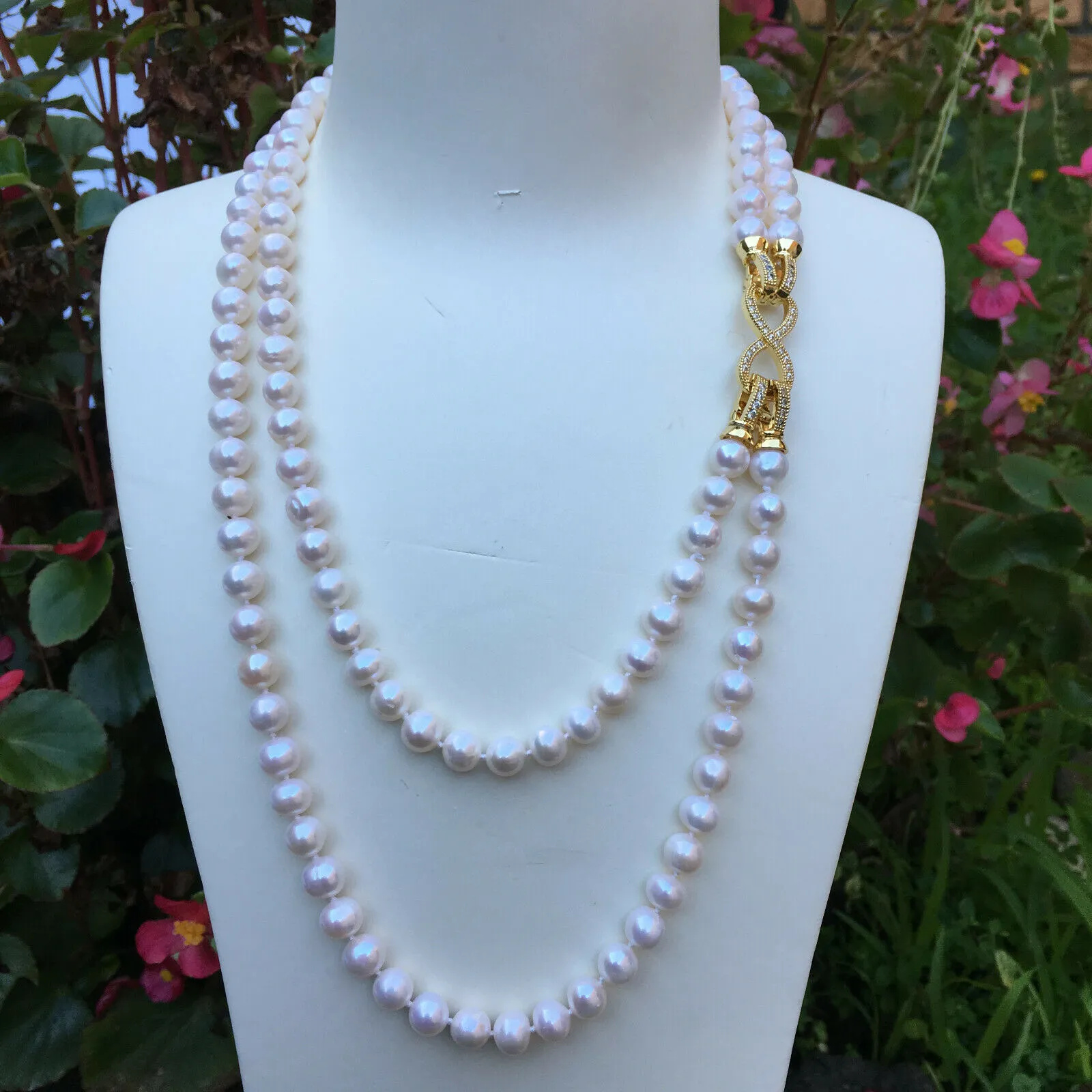 Hand knotted 2strands 7-8mm white freshwater collar pearl necklace long 45-55cm