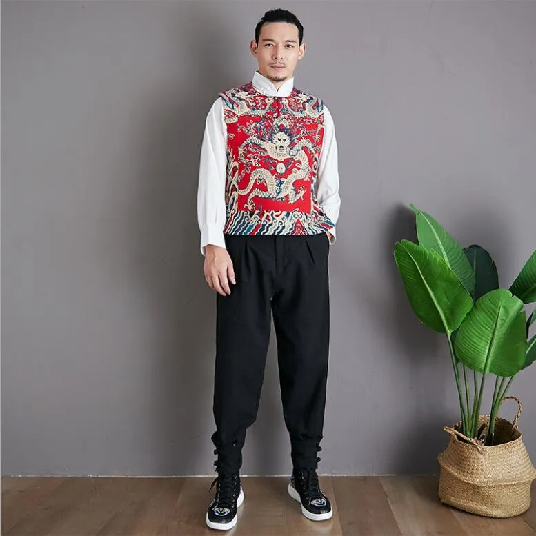 Male vest Dignified literature fine workmanship breathable and soft cotton linen Slim retro print dragon silver button embellished high