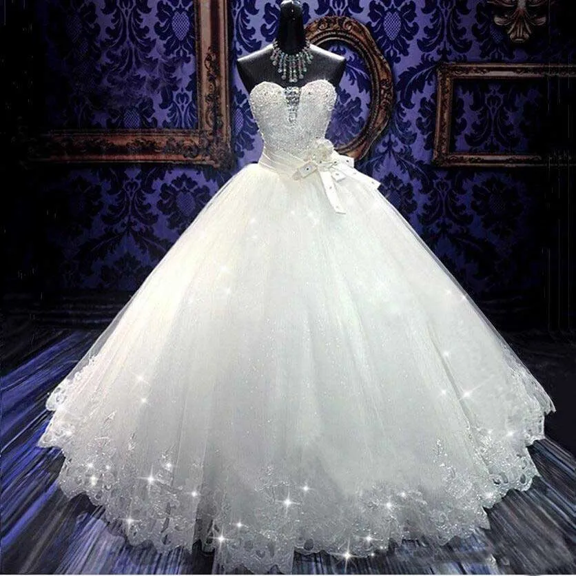 Fotos Reais Bling Bling Cristal Vestidos de Noiva Atrás Bandagem Tule Apliques Até o Chão Vestido de Baile Vestidos de Noiva Vestidos de Noiva
