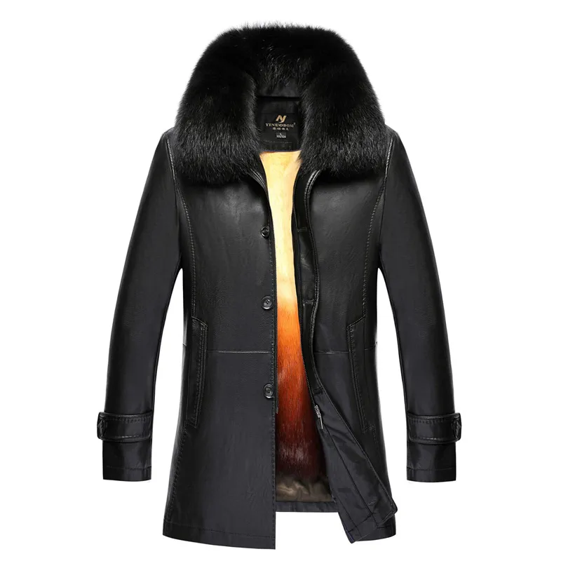 2019 Mens Inverno Longo Couro Coats real Fur Casacos Outdoor Tops Coelho Fur Overcoat Neve Shearling Casacos Big Size roupas Mais recente