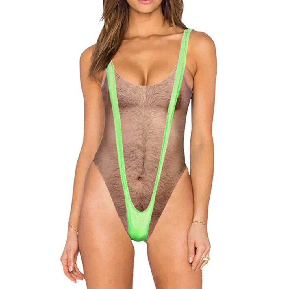 Women Sexy High Cut One Piece 3D Swimsuit Funny Wide Straps Bathing Suit  Monokini Swimwear Bathing Suits