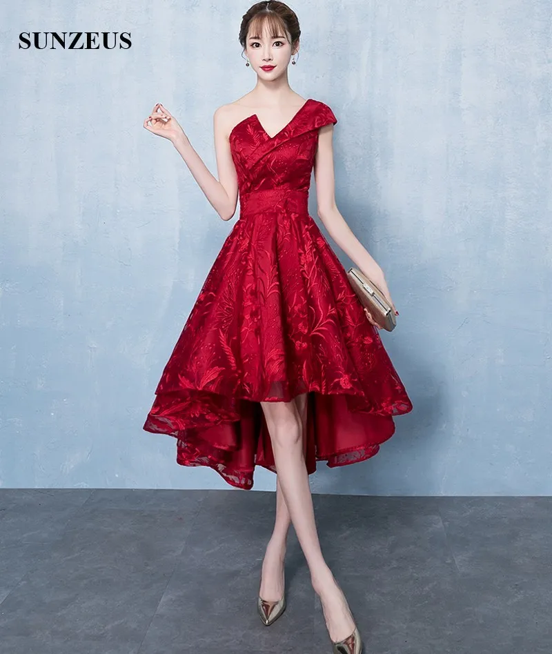 Eleganti abiti da sera in pizzo rosso in pizzo alto 2024 abiti formali borgogna a una spalla