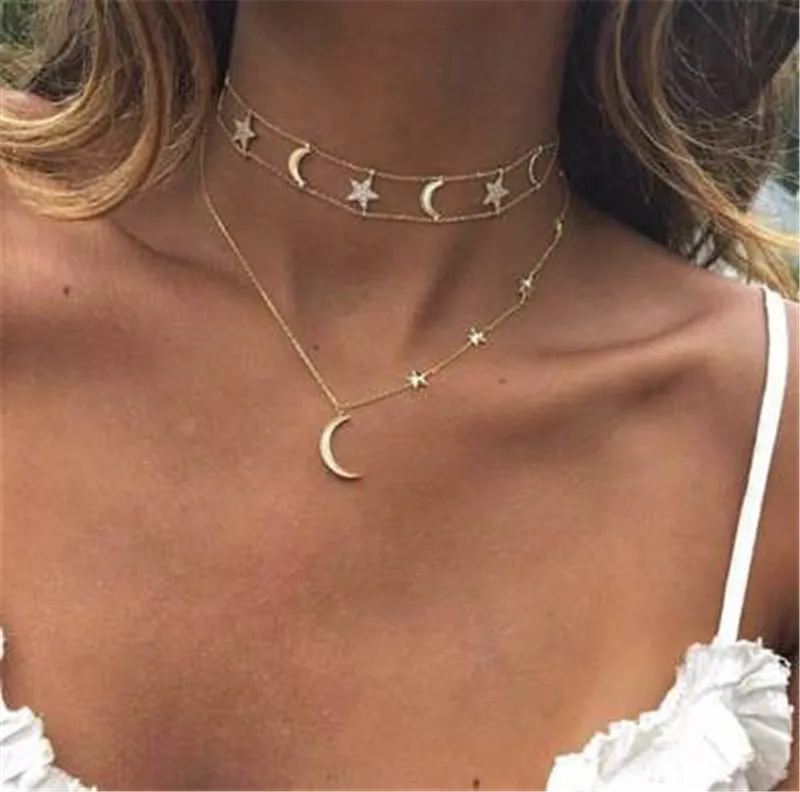 Crystal Star Moon Colar Gold Star Garfaça Multilayer Colar Jóias de Modas de Moda de Verão para Mulheres para Mulheres