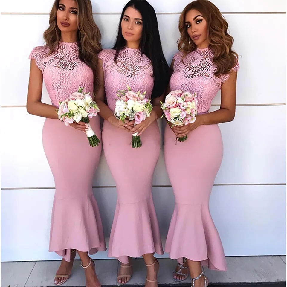 Wedding Party Events Fashion Lace Appliques Mermaide Bridesmaid Dresses Unique Design Neck Maid of Honor Gowns