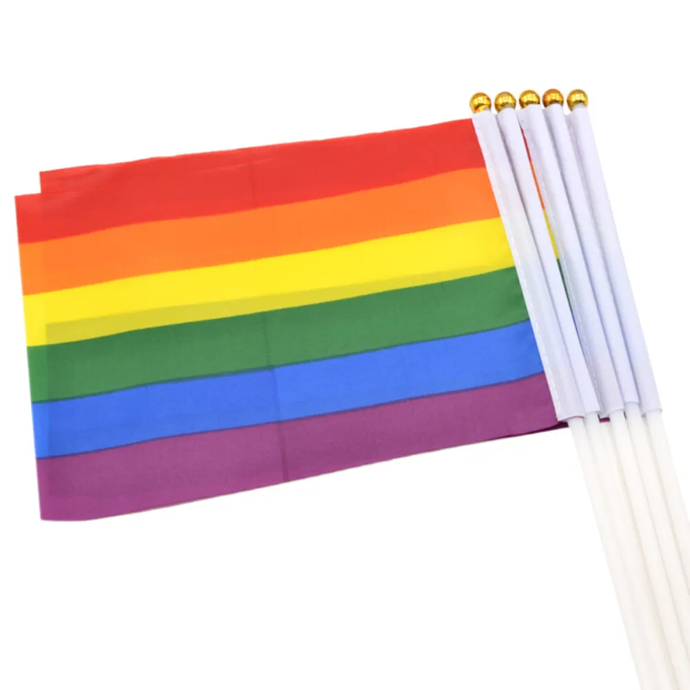 レインボーハンドフラッグハンドウェイブゲイプライドLGBTパレードレスバンティング14x21cmパーティーデカット