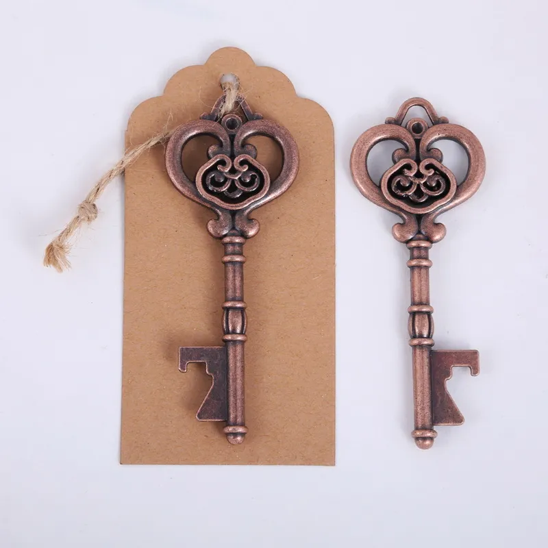 Bröllop Favor Party Gift Mini Keychain Ölflaskaöppnare Antik hjärta Nyckel Kedjekort Förpackning