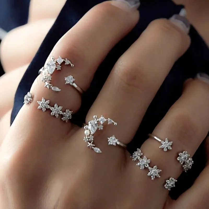 5 Set Europa en Amerika Fashion Set Ring Star Moon Crystal Midi Finger Knuckle Trouwfestival Ringen voor Dames Sieraden Gift