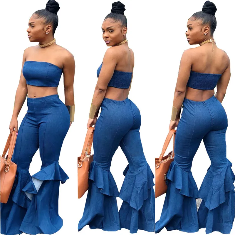 Denim Two Piece Set Summer Strapless Crop Top and Flare Pant Suit Matching Sets Outfits Sexy 2 Piece Set Women