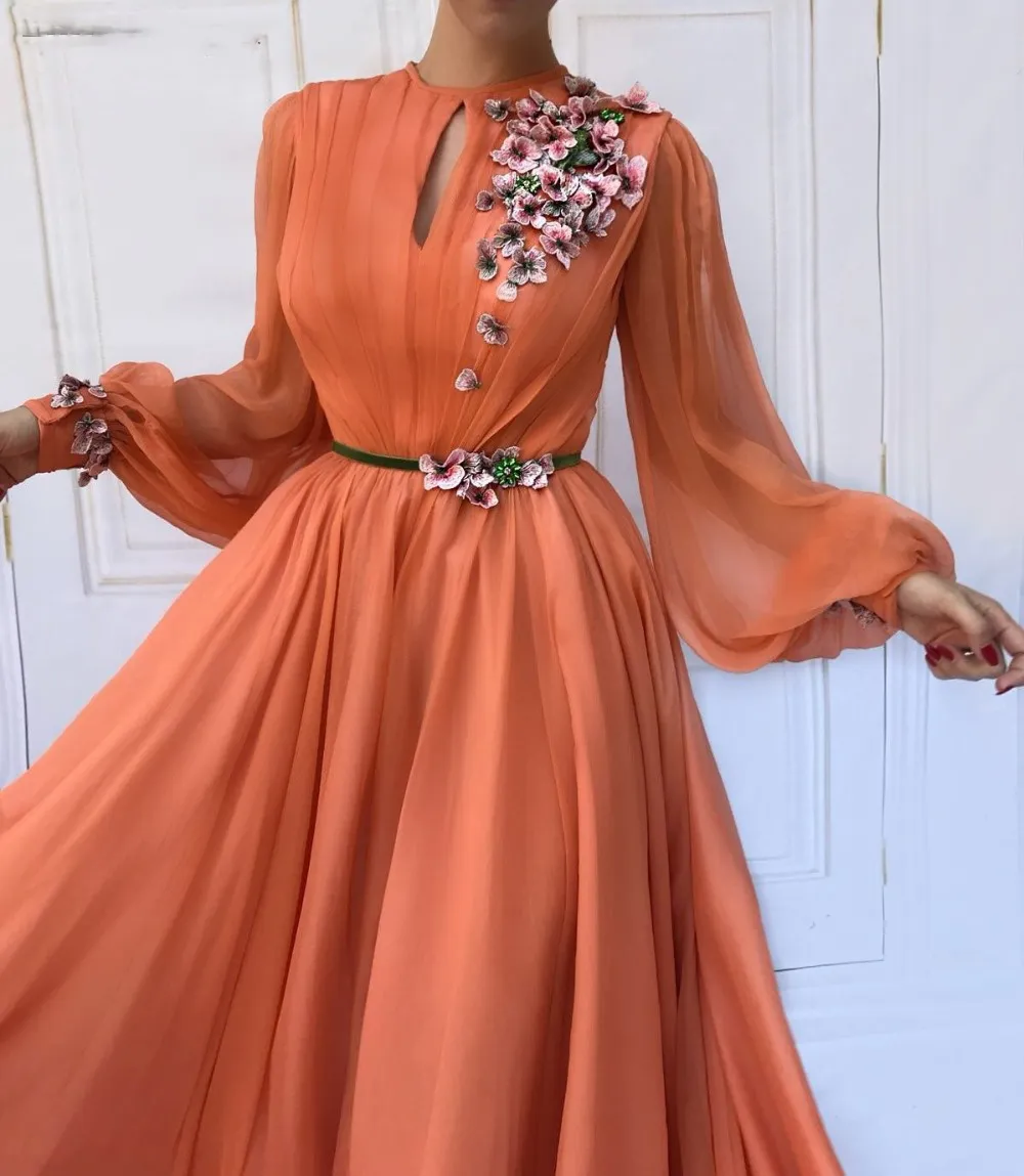 Coral Arabic Moroccan Prom Dresses Party Elegant for Women Celebrity Long Sleeves Chiffon Dubai Caftans Formal Gowns