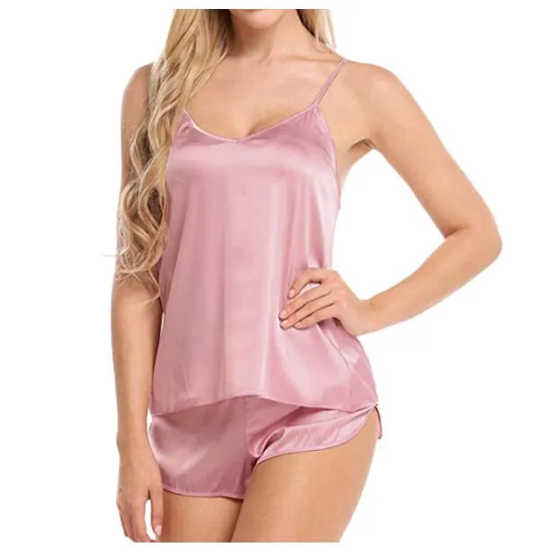 Frauen Nachtwäsche Frühling Sommer sexy Imitation Seide Pyjama Anzug V-Ausschnitt Spitze Neckholder Weste ärmellose Shorts weiblichen Haushalt